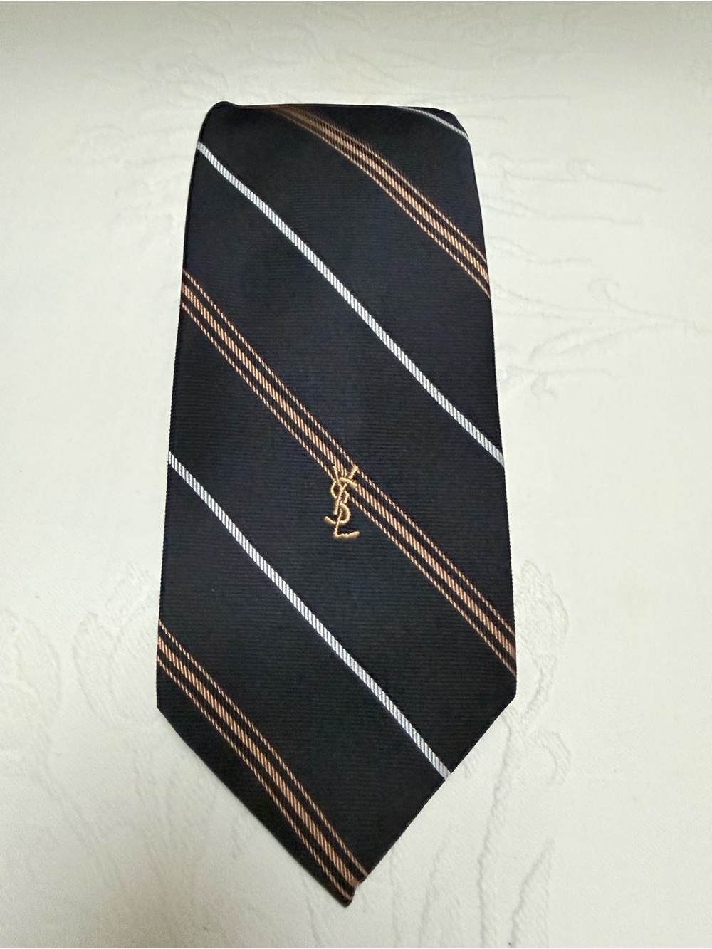 Yves Saint Laurent Black Silk Tie with Brown and White Stripes